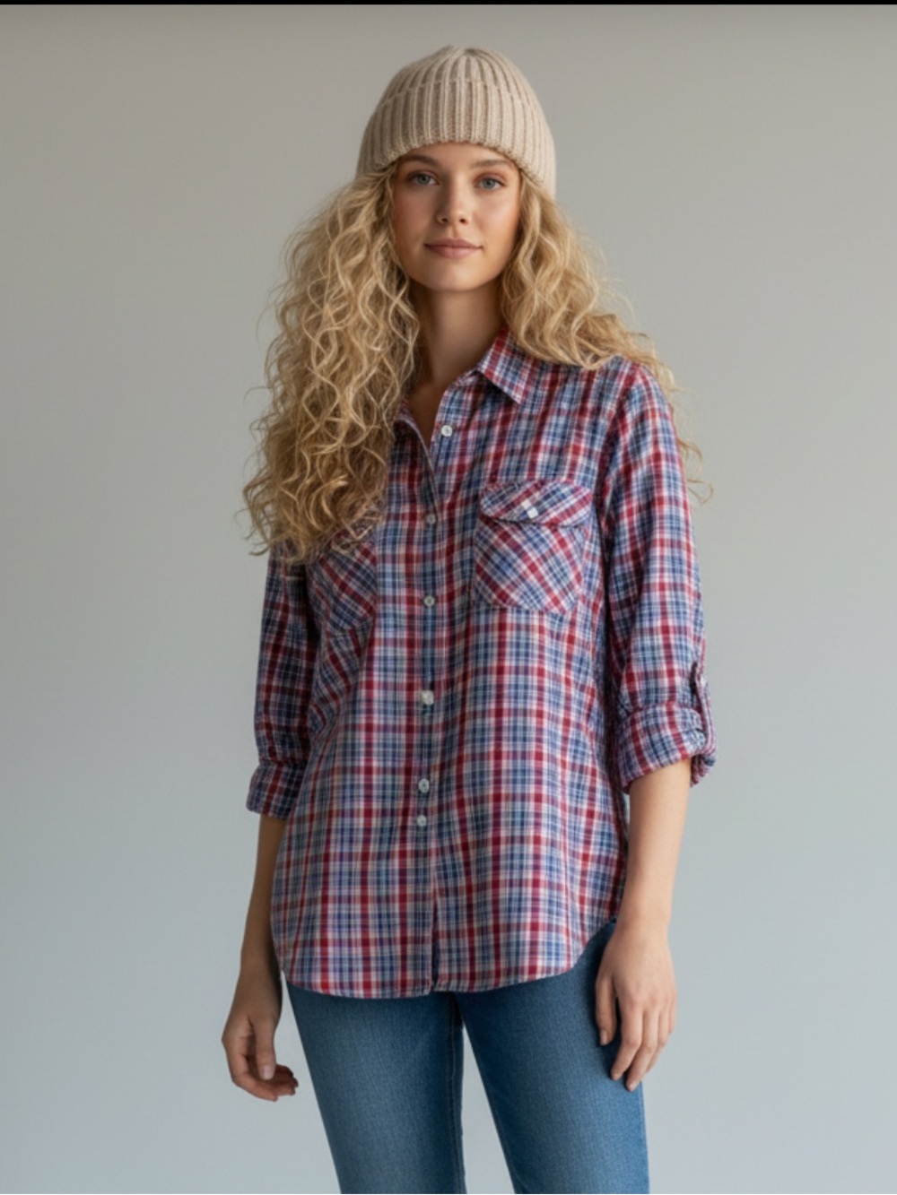 Chaps Blue and Red Plaid Button-Down Shirt